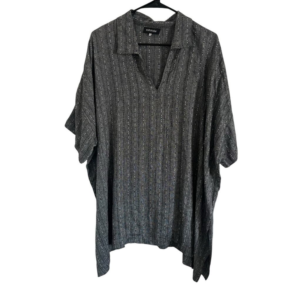 ESKANDAR Linen Blend Oversized Collared Short Sleeve Tunic Top - Picture 2 of 12